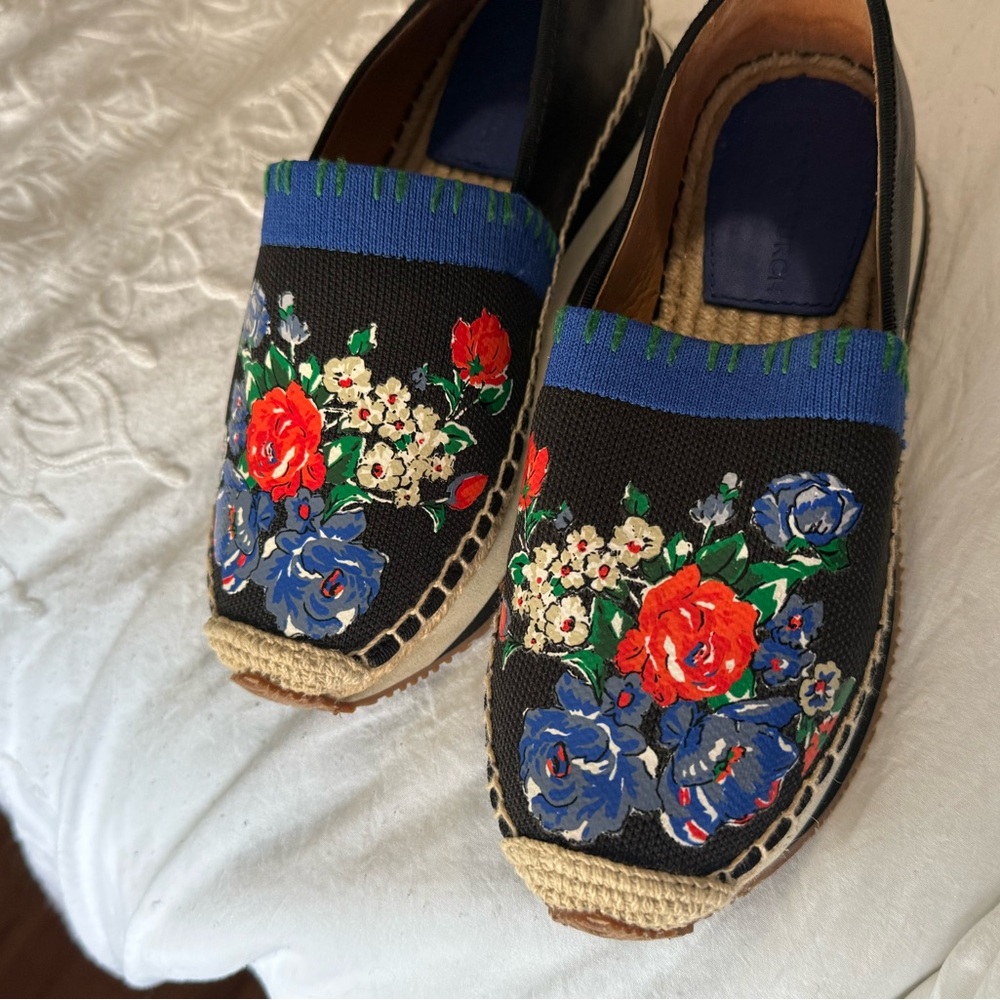Tory Burch Black and Red Espadrilles with Elegant Floral Design